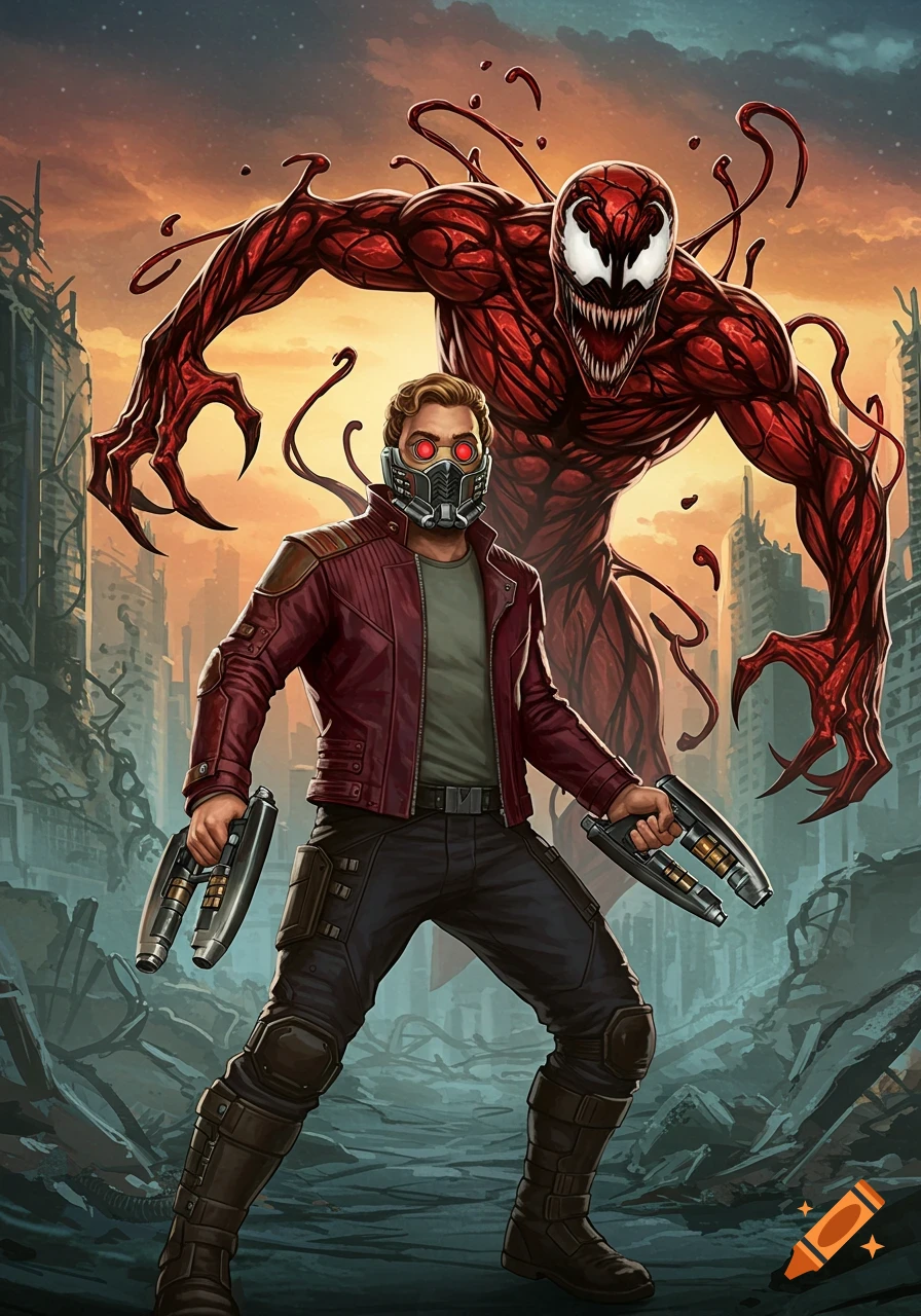 Star-Lord stands ready with guns drawn as Carnage looms behind him in a destroyed city, comic art style.