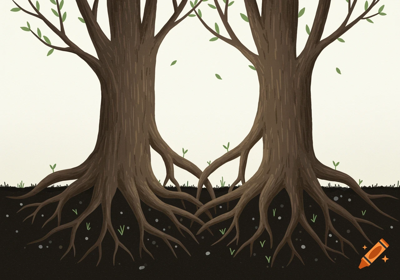 Illustration of two trees with intertwining roots in the soil, in a minimalistic children's book style.