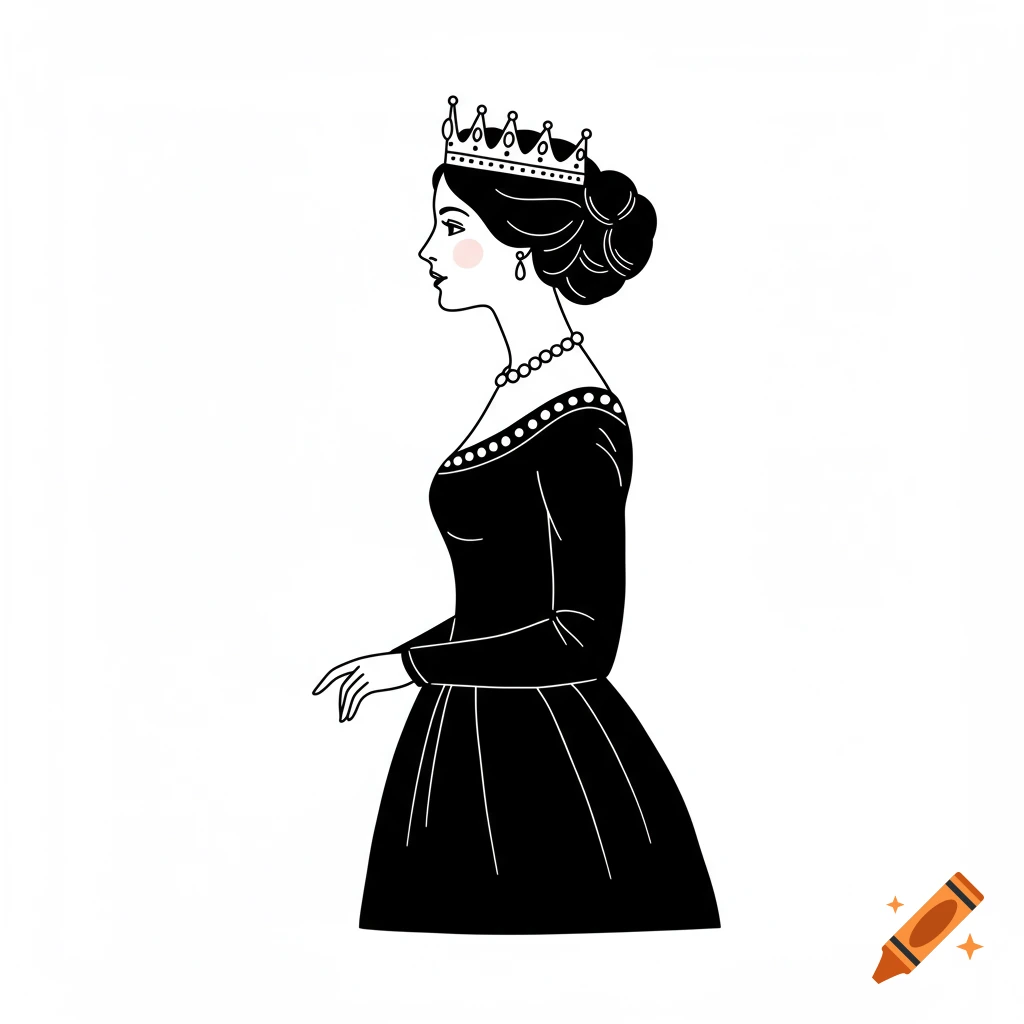 Black and white outline illustration of a queen in profile wearing a crown.