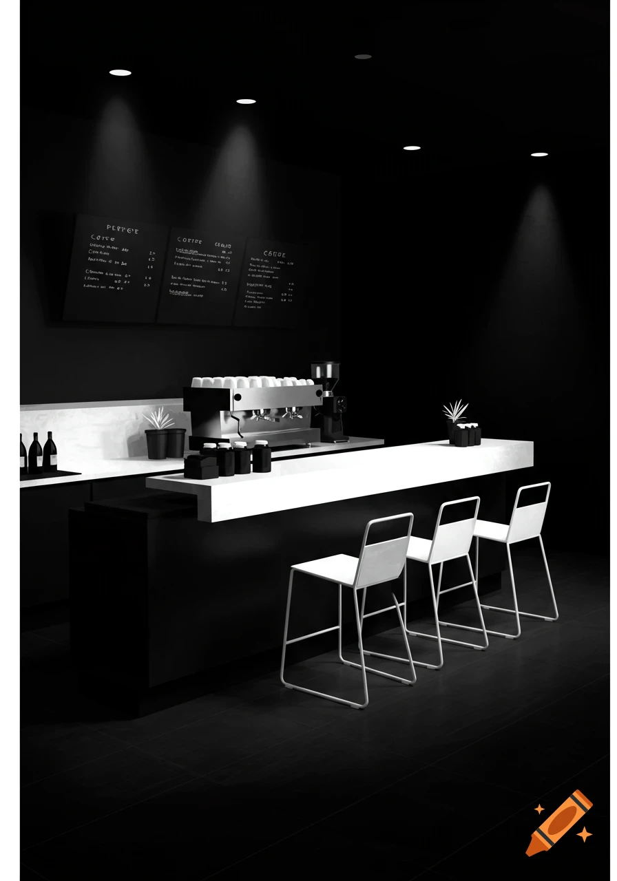 Black and white photo of a minimalist coffee shop bar with chairs and a menu board.