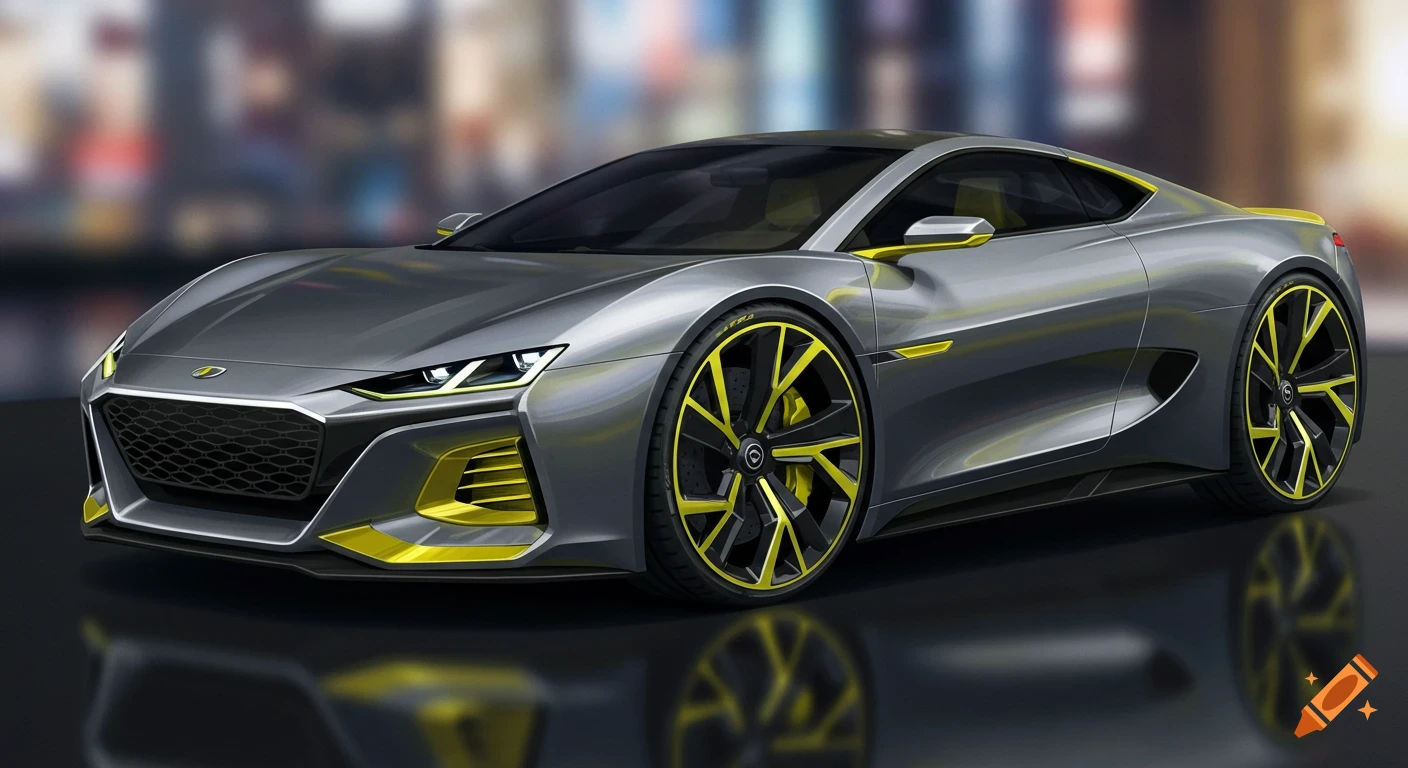 A silver concept car with yellow accents and wheels, seen from the front quarter.