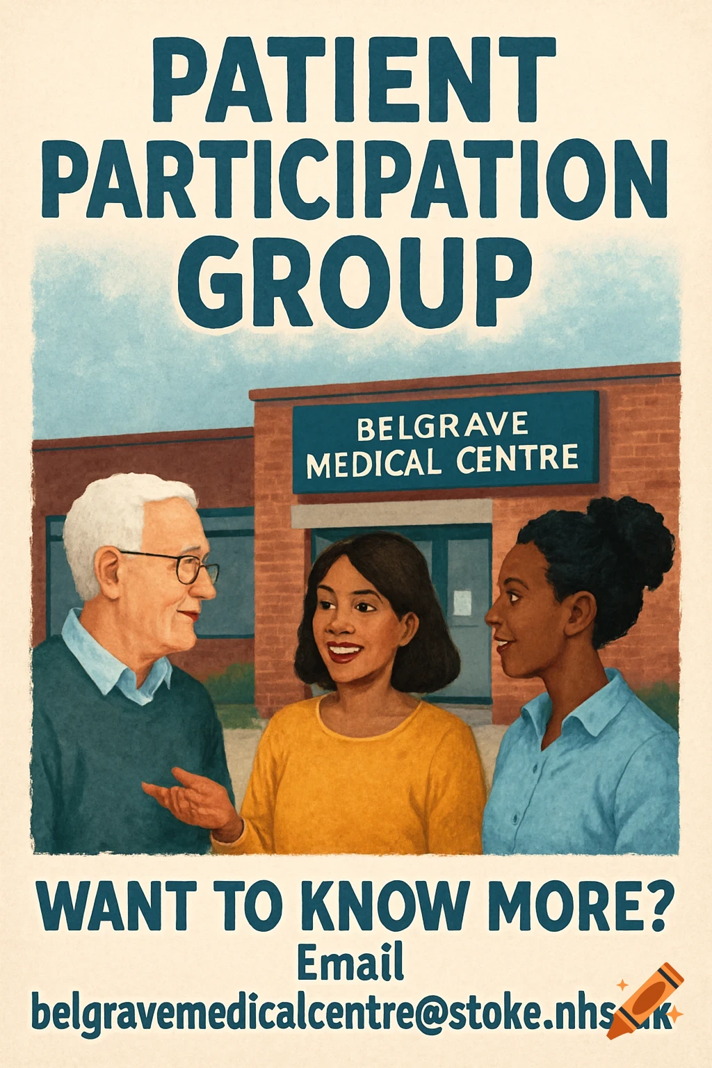 Poster for a patient participation group with three people standing in front of a medical centre.