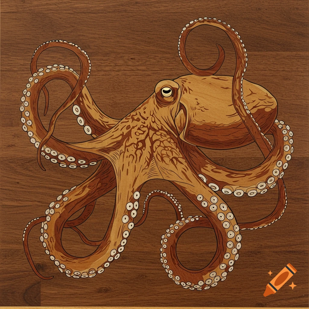 An octopus in marquetry style on a wood background.
