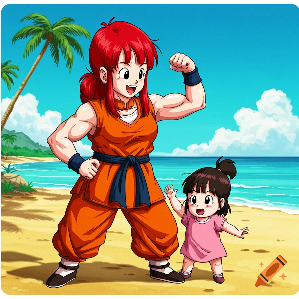 Anime characters flexing on a beach