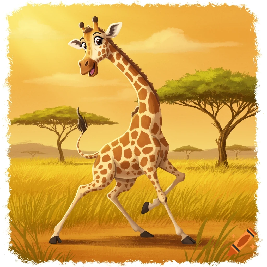 Cartoon giraffe dances in a sunny savanna landscape.