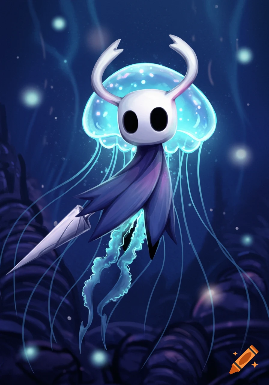A character resembling the Hollow Knight mixed with a glowing jellyfish floats in a dark, watery environment.