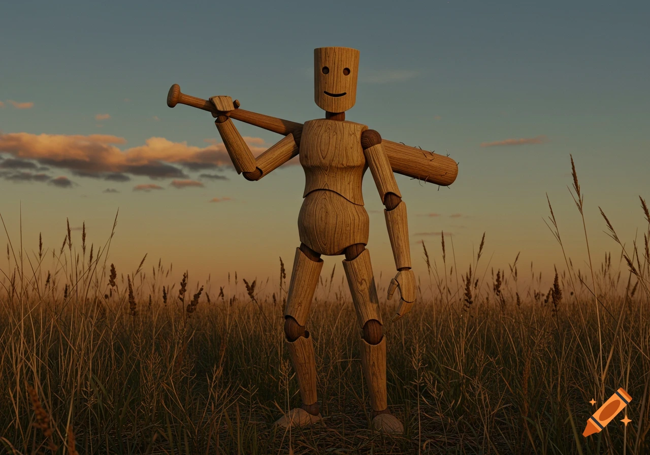 A wooden mannequin stands in a field at sunset, holding a baseball bat over its shoulder.