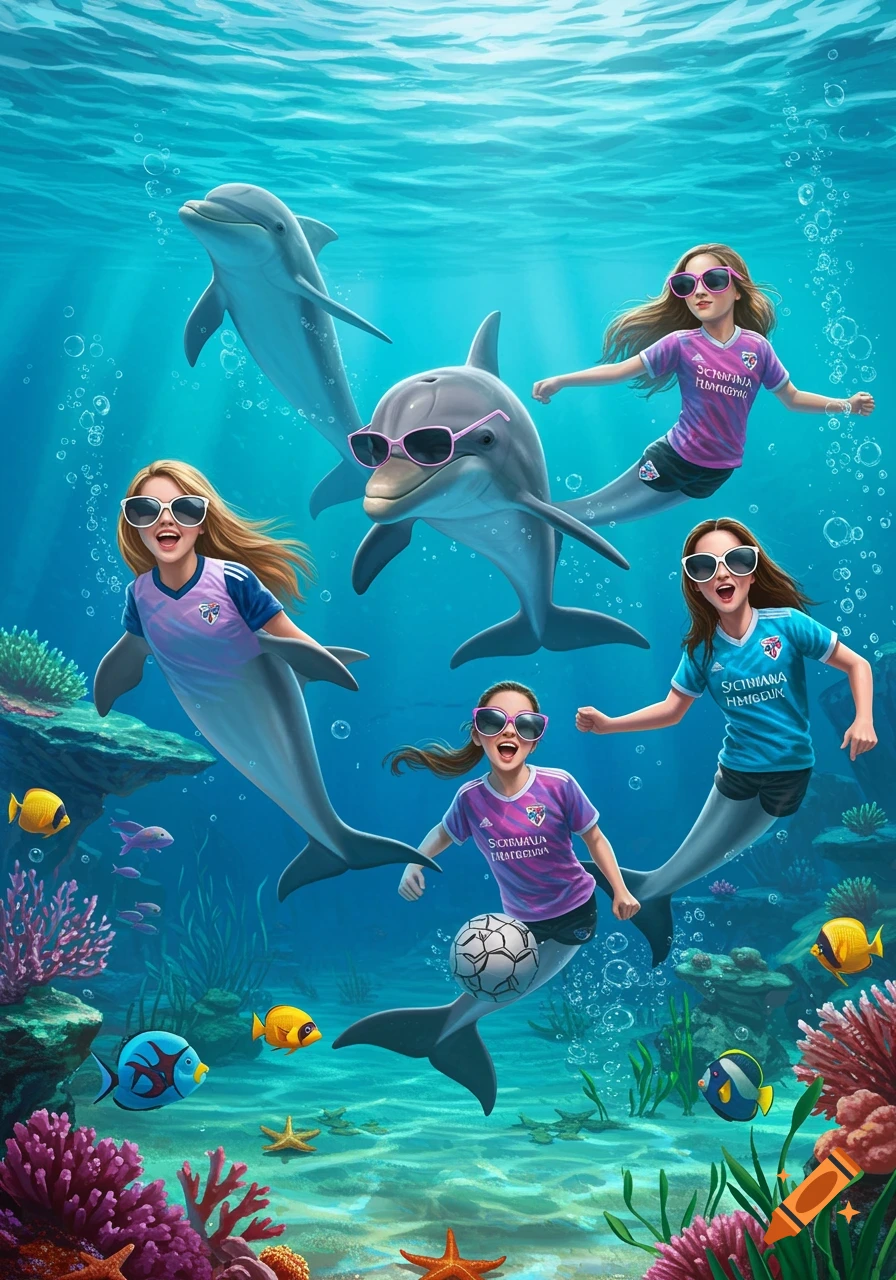 Girls with dolphin tails wearing soccer jerseys and sunglasses swim with dolphins in sunglasses underwater.