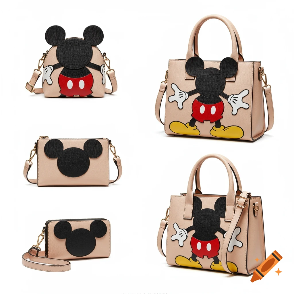 Four beige bags with Mickey Mouse aesthetic designs, including a crossbody, satchel, and wallet.