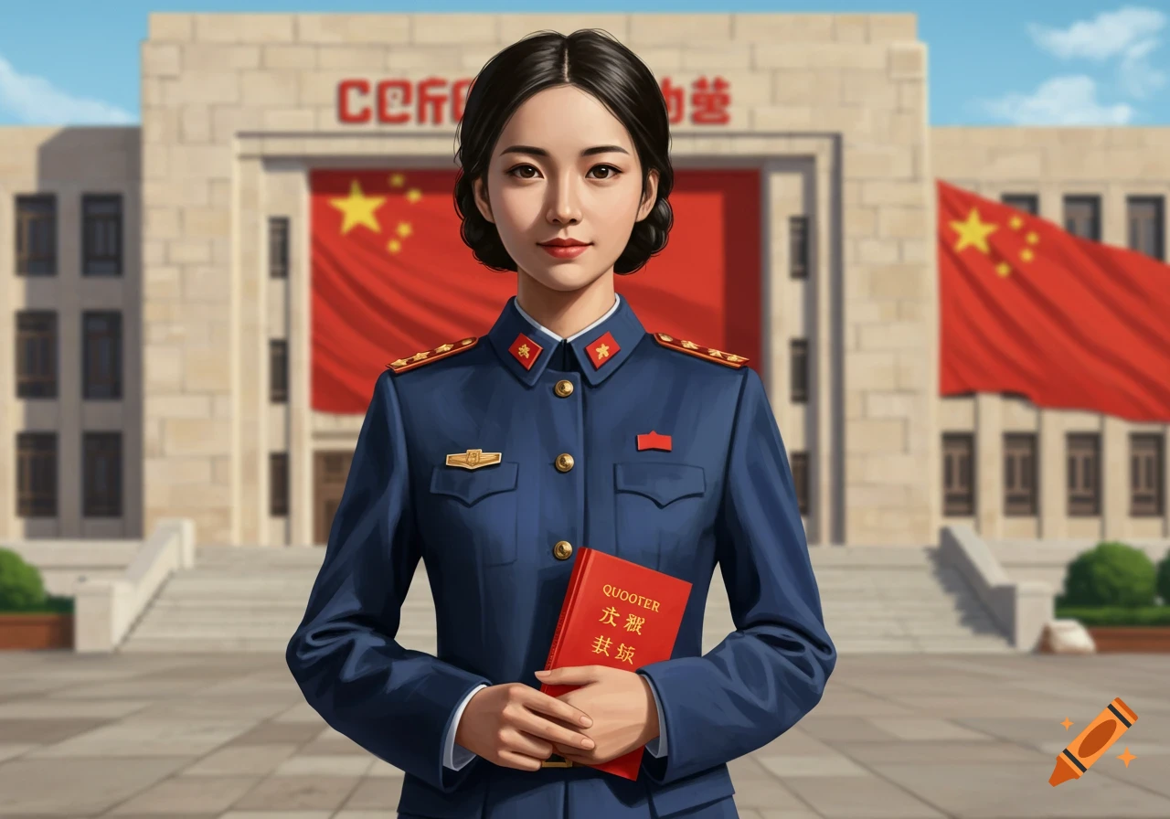 Illustrated portrait of a woman in a blue military-style uniform holding a red book in front of a building with Chinese flags.