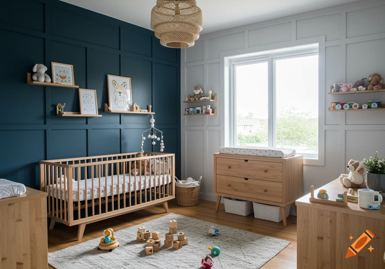 A modern nursery room with a navy blue accent wall featuring batten board, a wooden crib, and a changing table.