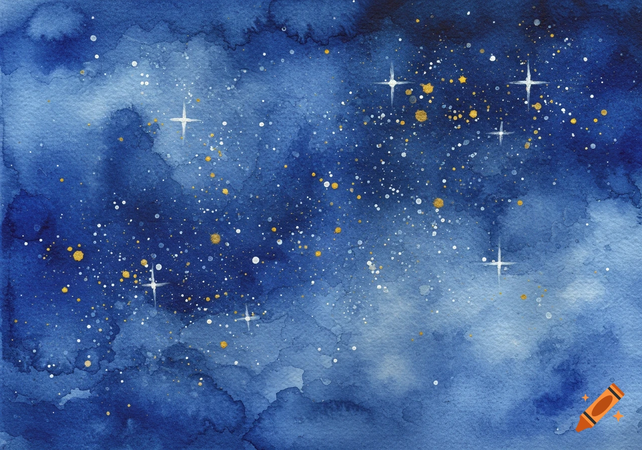Blue watercolor night sky with stars and gold splatters