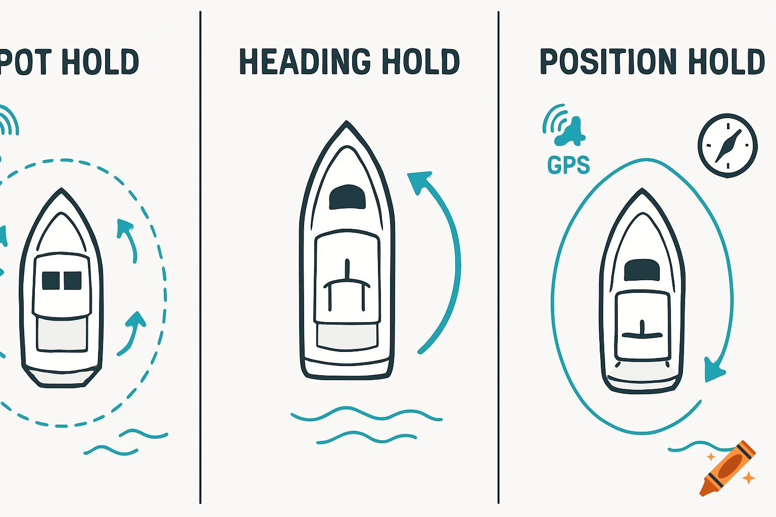 Illustration showing diagrams for boat handling modes: Spot Hold, Heading Hold, and Position Hold, using GPS and compass indicators.