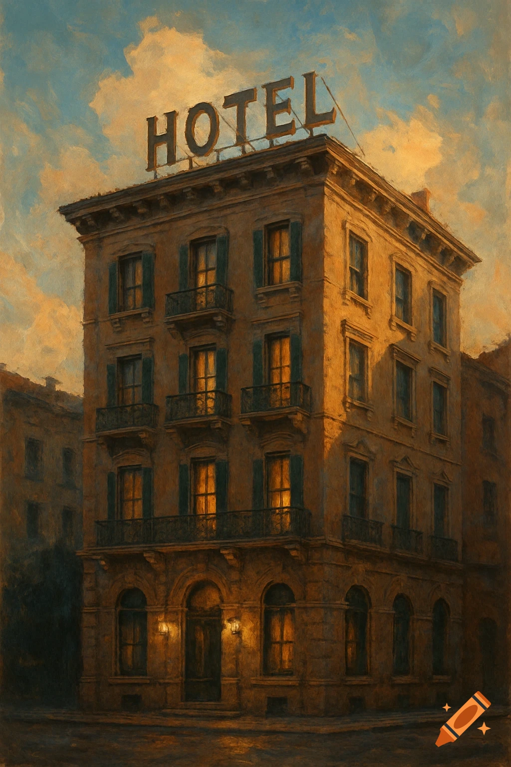 A painterly image of a classic-style hotel building with a 'HOTEL' sign at sunset.
