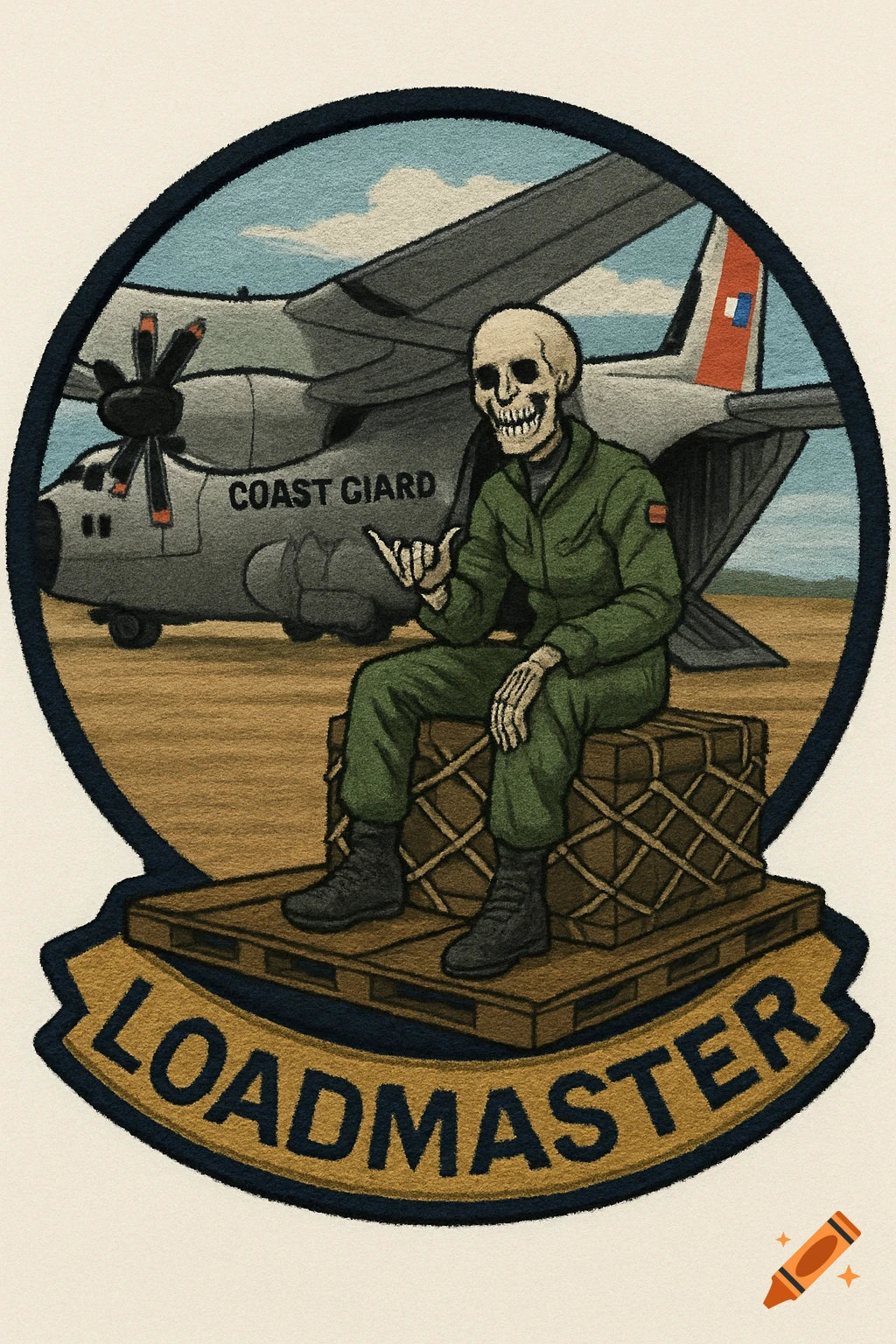 Patch illustration of a skeleton in a flight suit sitting on cargo in front of a Coast Guard C130 plane with 'LOADMASTER' text.