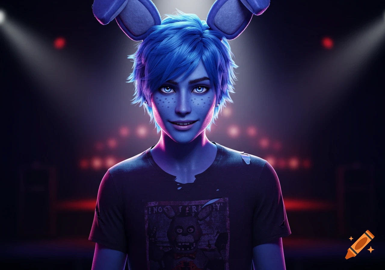 Humanized Five Nights at Freddy's character with blue hair and bunny ears on a stage