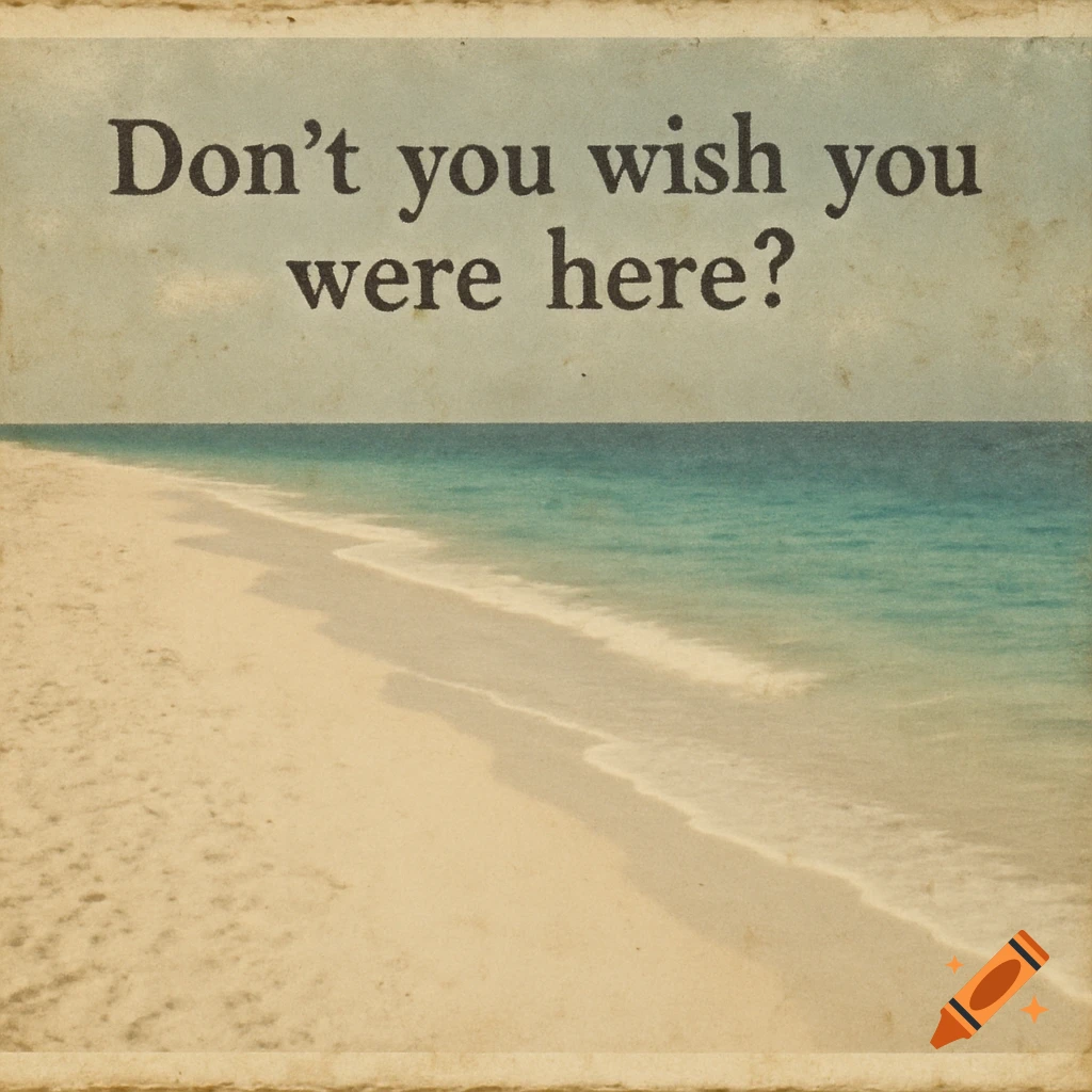 Faded photo of a sandy beach and ocean with 'Don't you wish you were here?' text