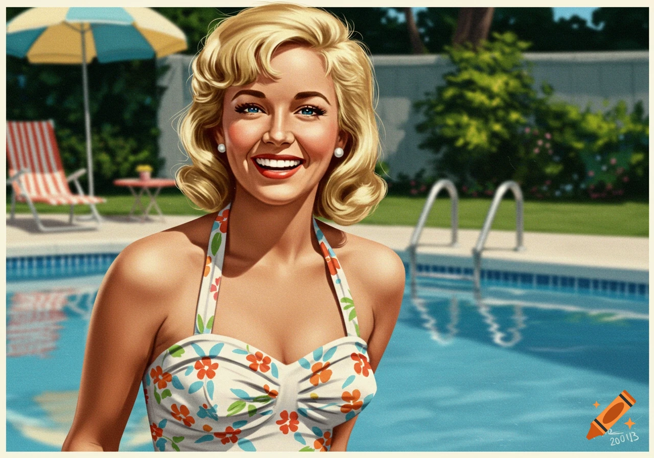 Pin-up style illustration of a smiling woman in a floral swimsuit by a pool.