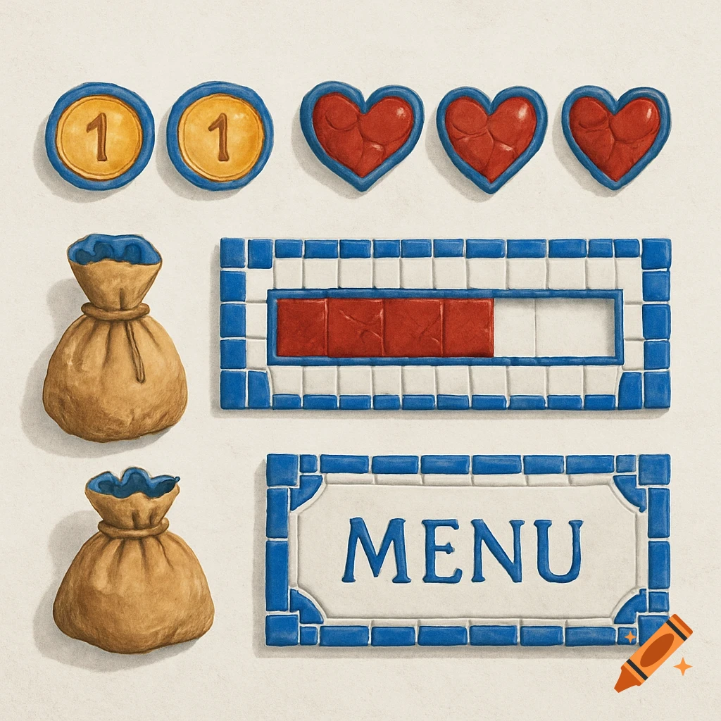 Indie game assets including coins, hearts, health bar, bags, and a menu sign in a blue and white tile and ceramic style.