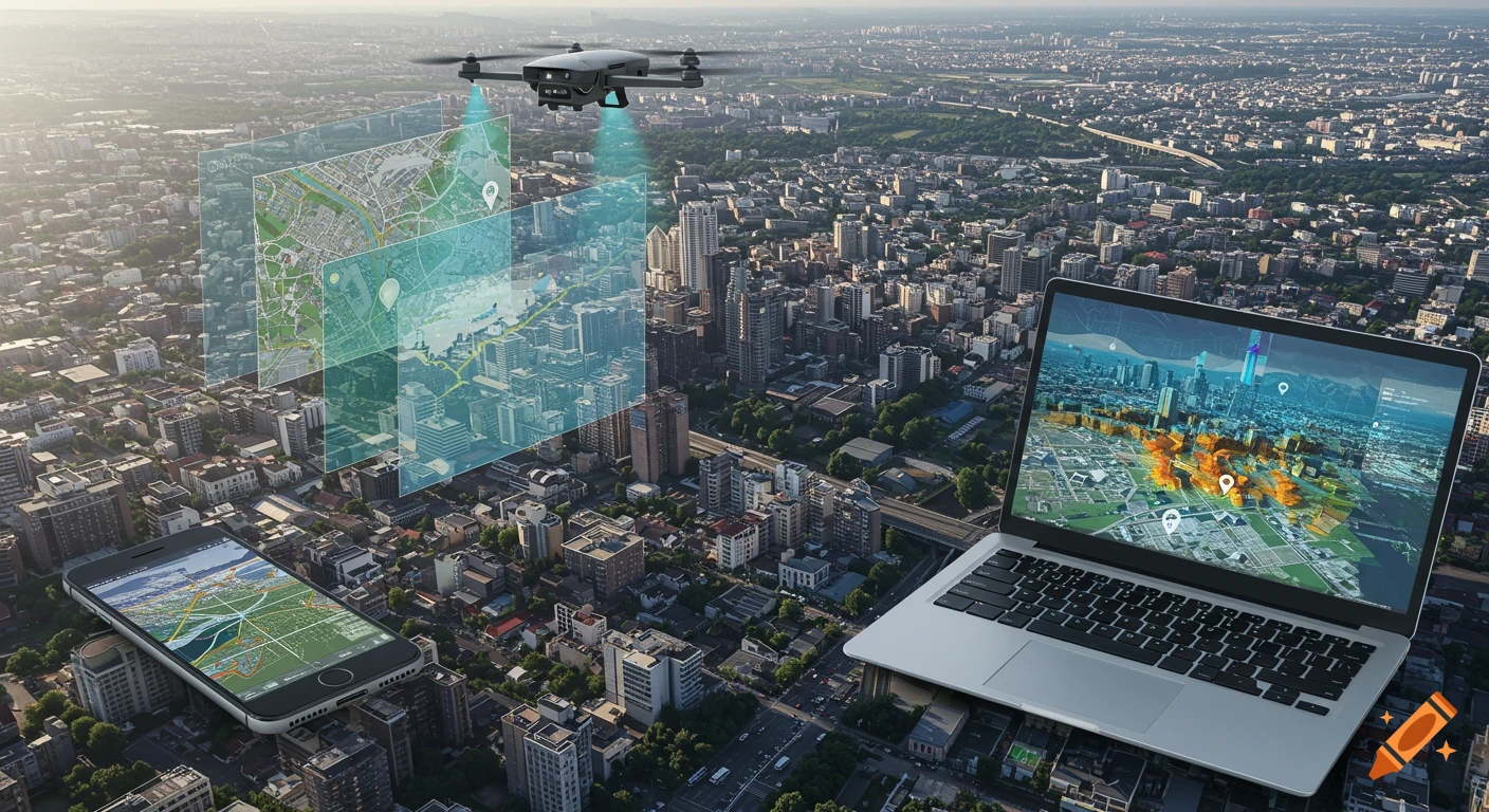 Drone flying over a cityscape, displaying mapping data on layered sheets, a smartphone, and a laptop.