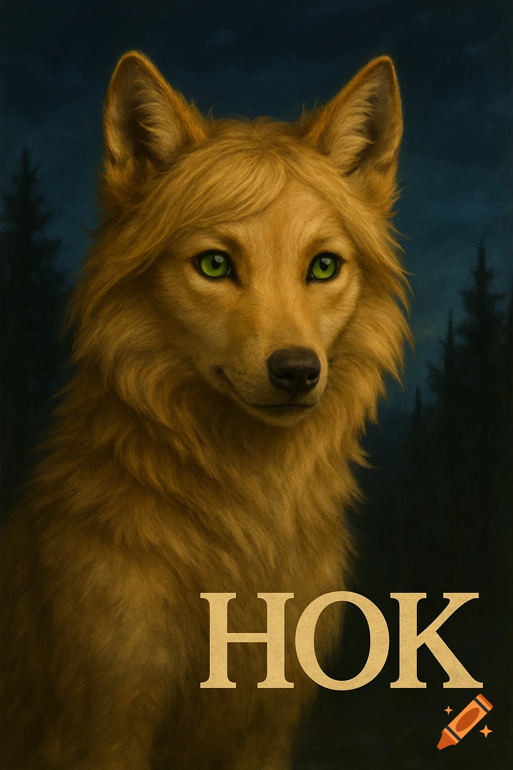 A portrait of a sandy blonde wolf with bright green eyes and the text HOK.