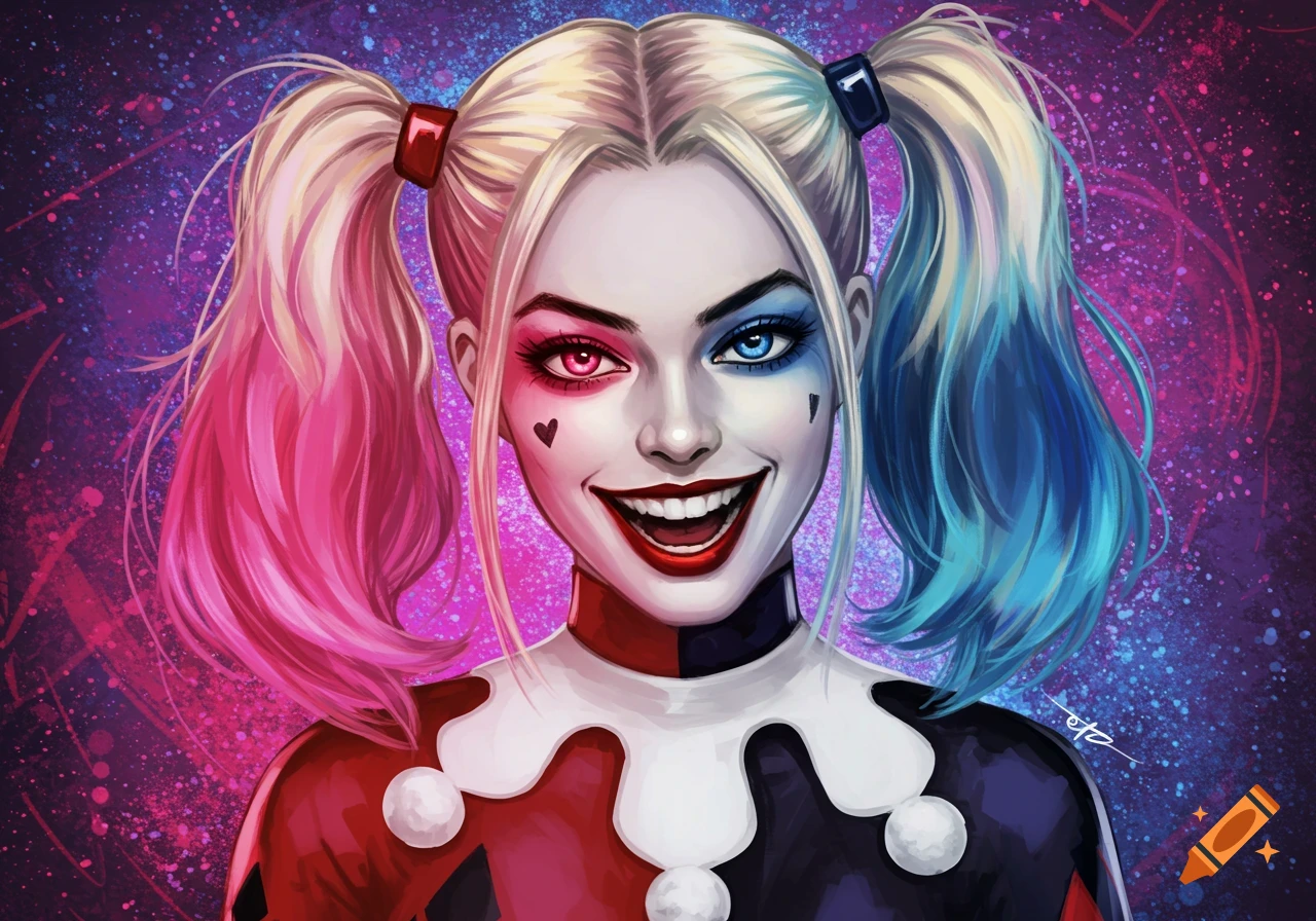 Close-up digital painting portrait of Harley Quinn smiling, wearing her jester costume with pink and blue pigtails.