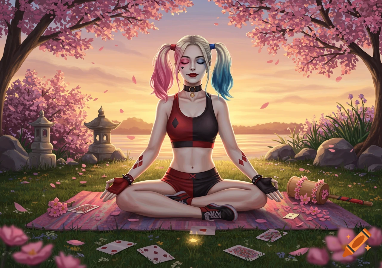Harley Quinn meditating in a cherry blossom garden at sunset with playing cards and mallet.