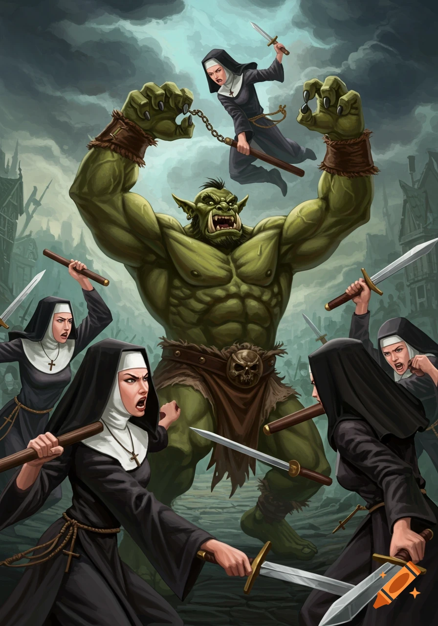 A large green orc battles multiple nuns with swords in a fantasy scene.