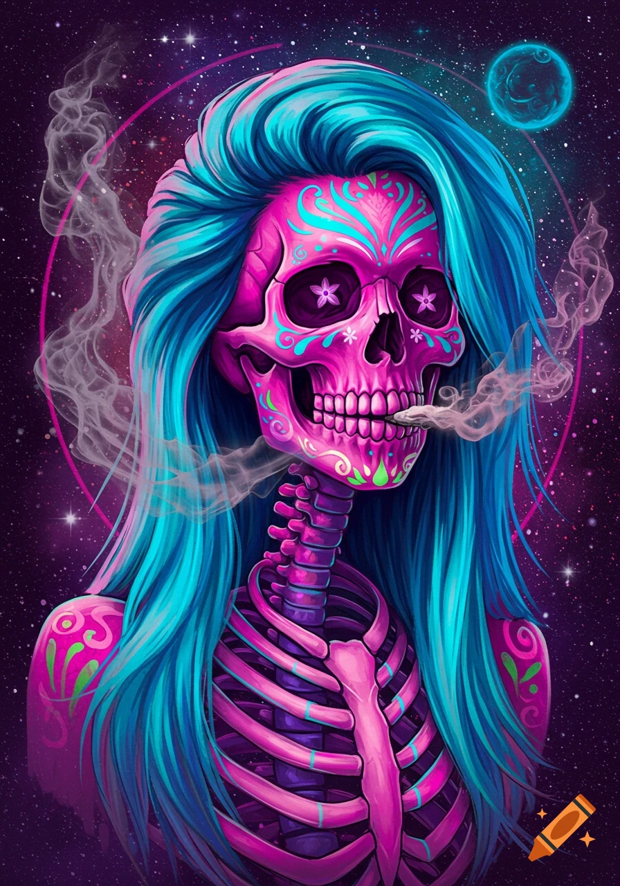 Colorful stylized skeleton with blue hair and pink sugar skull markings smoking in space.