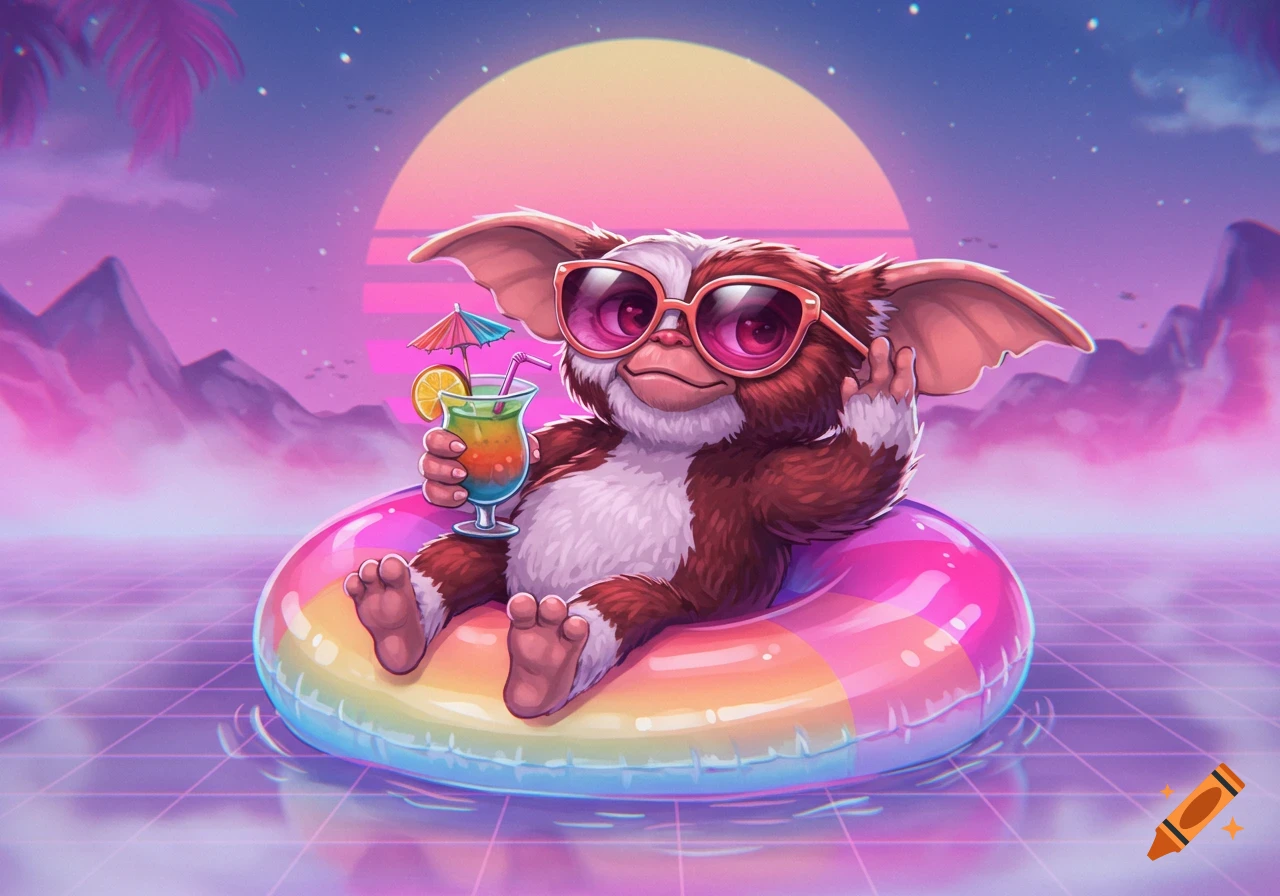 Cute Mogwai in sunglasses on a floatie holding a drink, vaporwave sunset