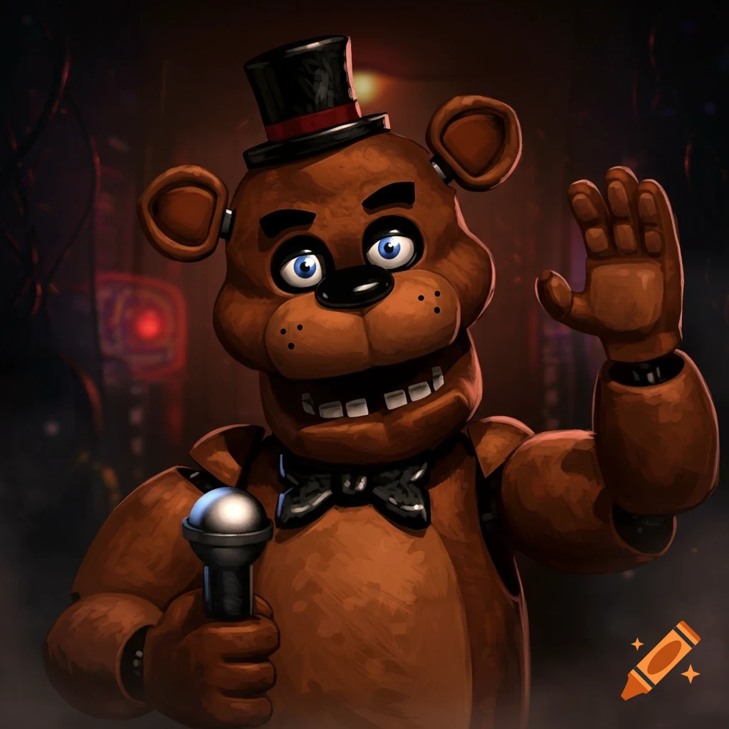 Freddy Fazbear animatronic bear in a top hat and bowtie holding a microphone, waving in a dark restaurant setting.