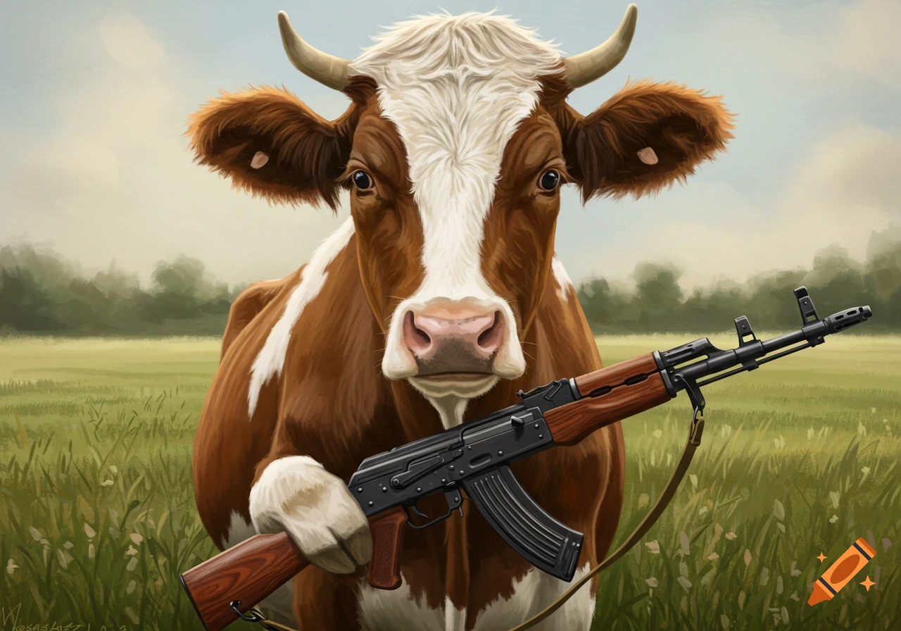 A cow stands in a field holding an AK-47 rifle.