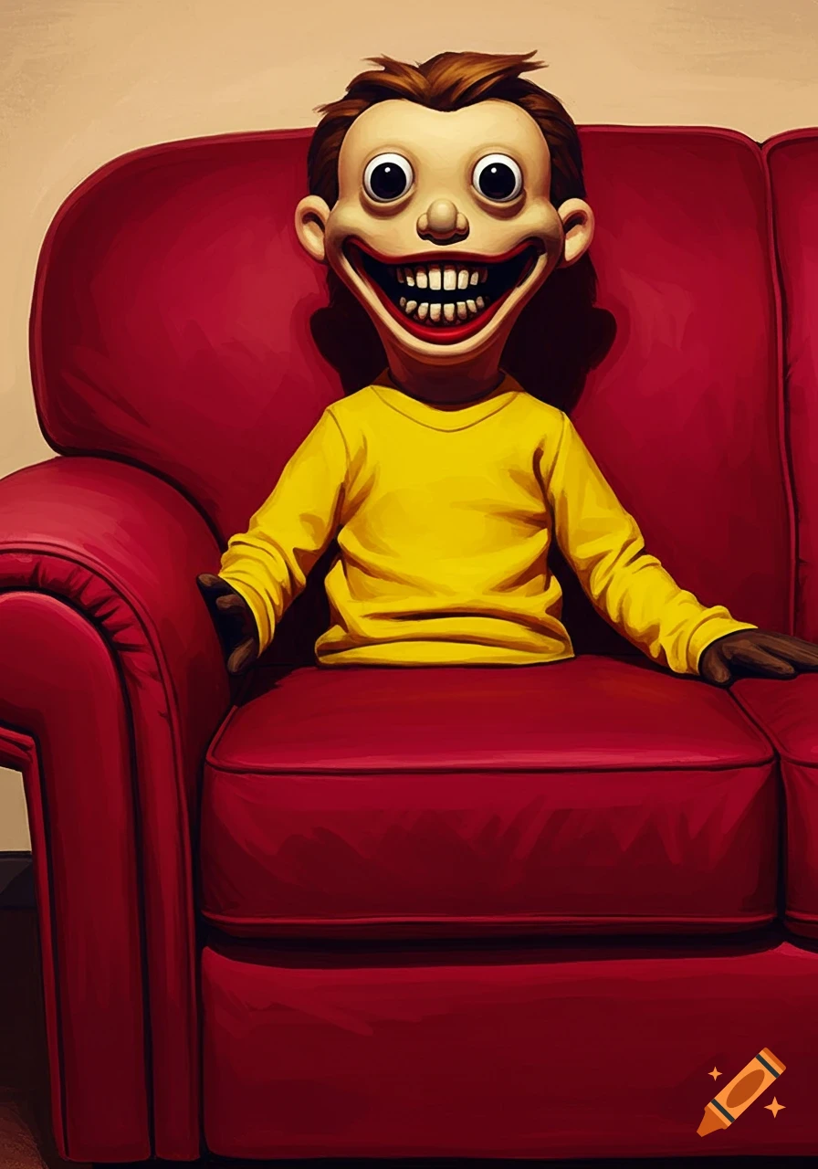 Creepy puppet with wide eyes and smile on a red couch