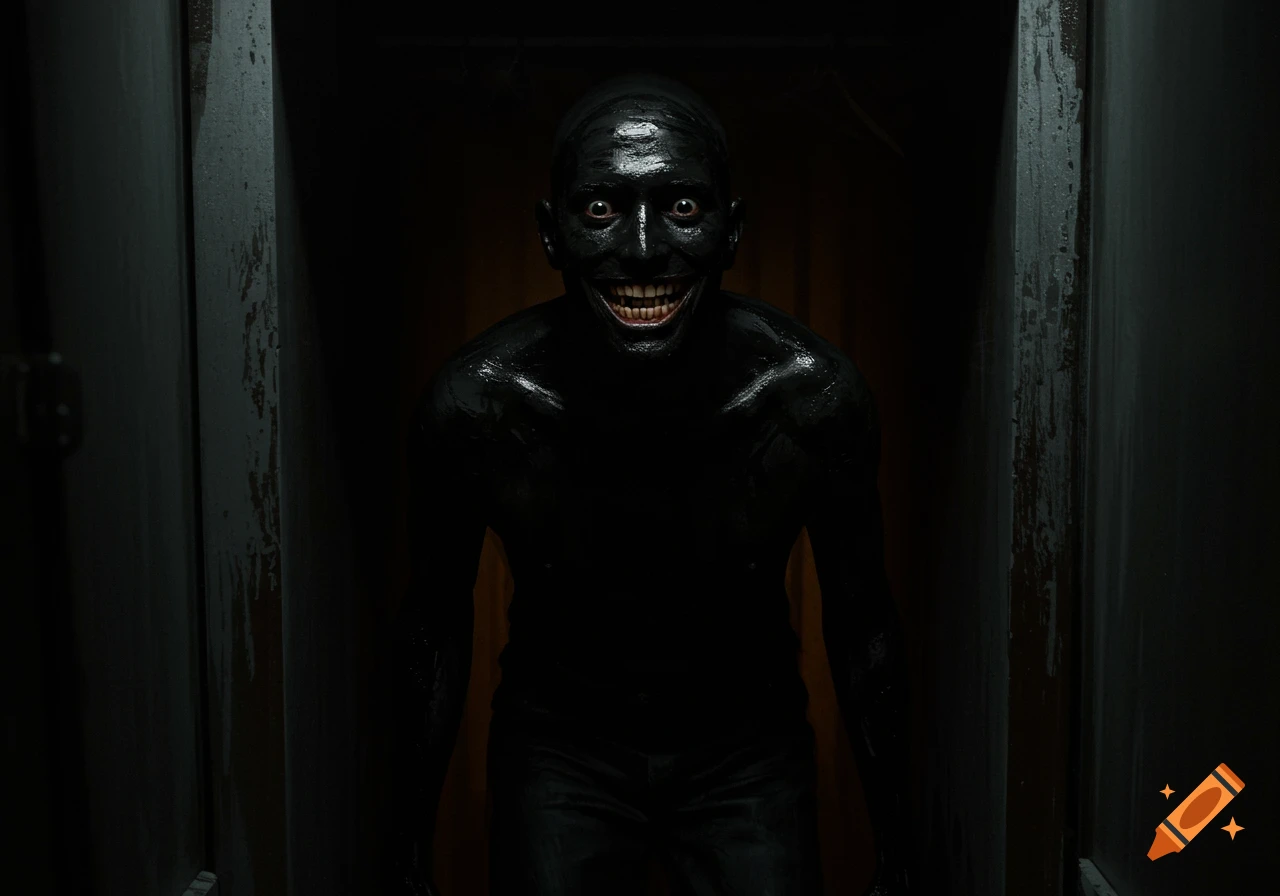 A scary man covered in black paint with a wide smile stands in a dark closet.