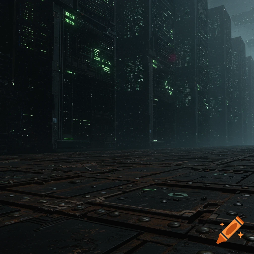 Dark, futuristic cityscape with towering skyscrapers resembling computers lit by green lights, above a rusted metal floor.