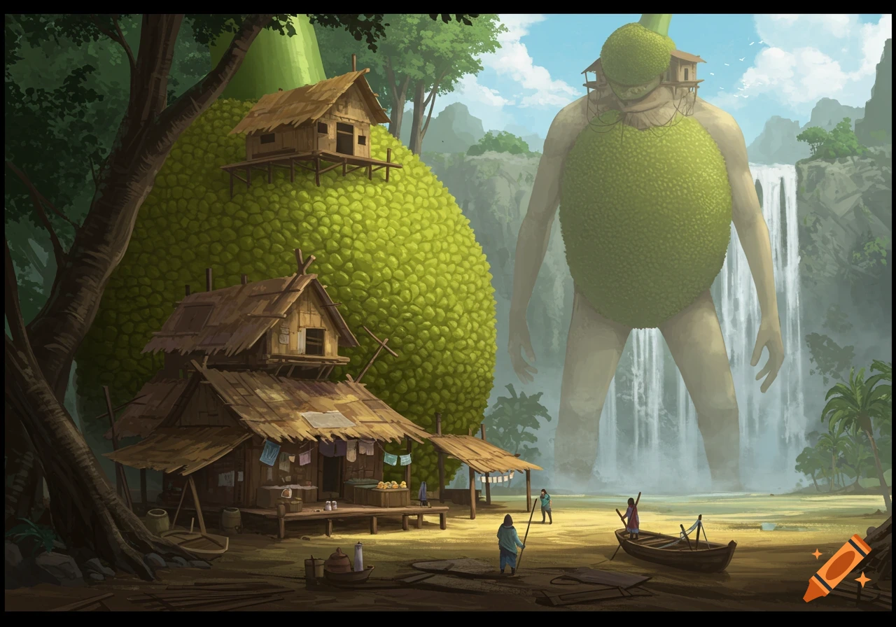 A giant human-like figure made of jackfruit stands behind a village of huts built on a massive jackfruit hill, near a waterfall.