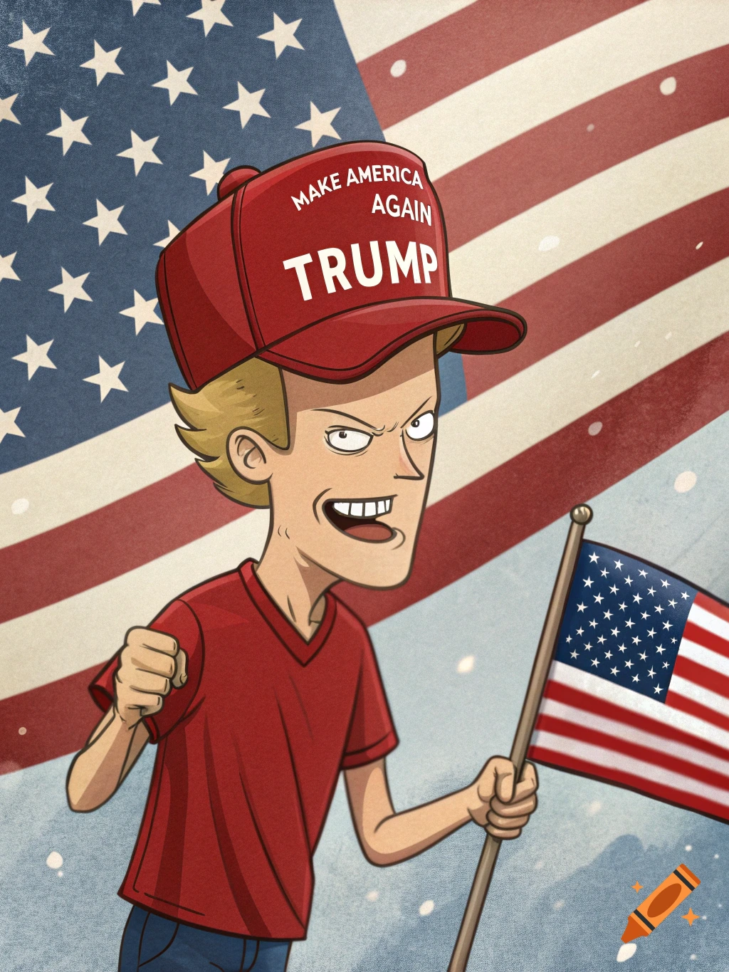 Cartoon character wearing 'MAKE AMERICA AGAIN TRUMP' hat and holding American flag.