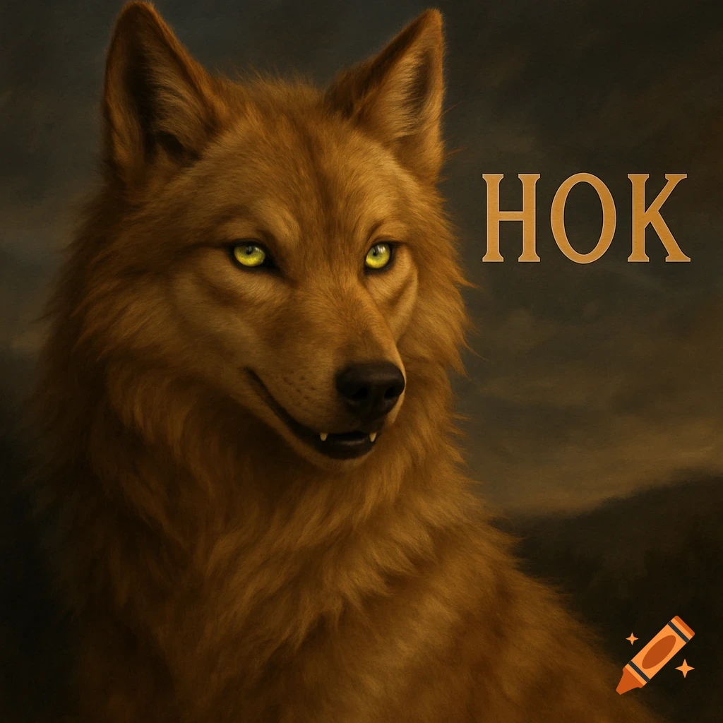 Portrait of a golden wolf with bright green eyes, text 'HOK' on the right.