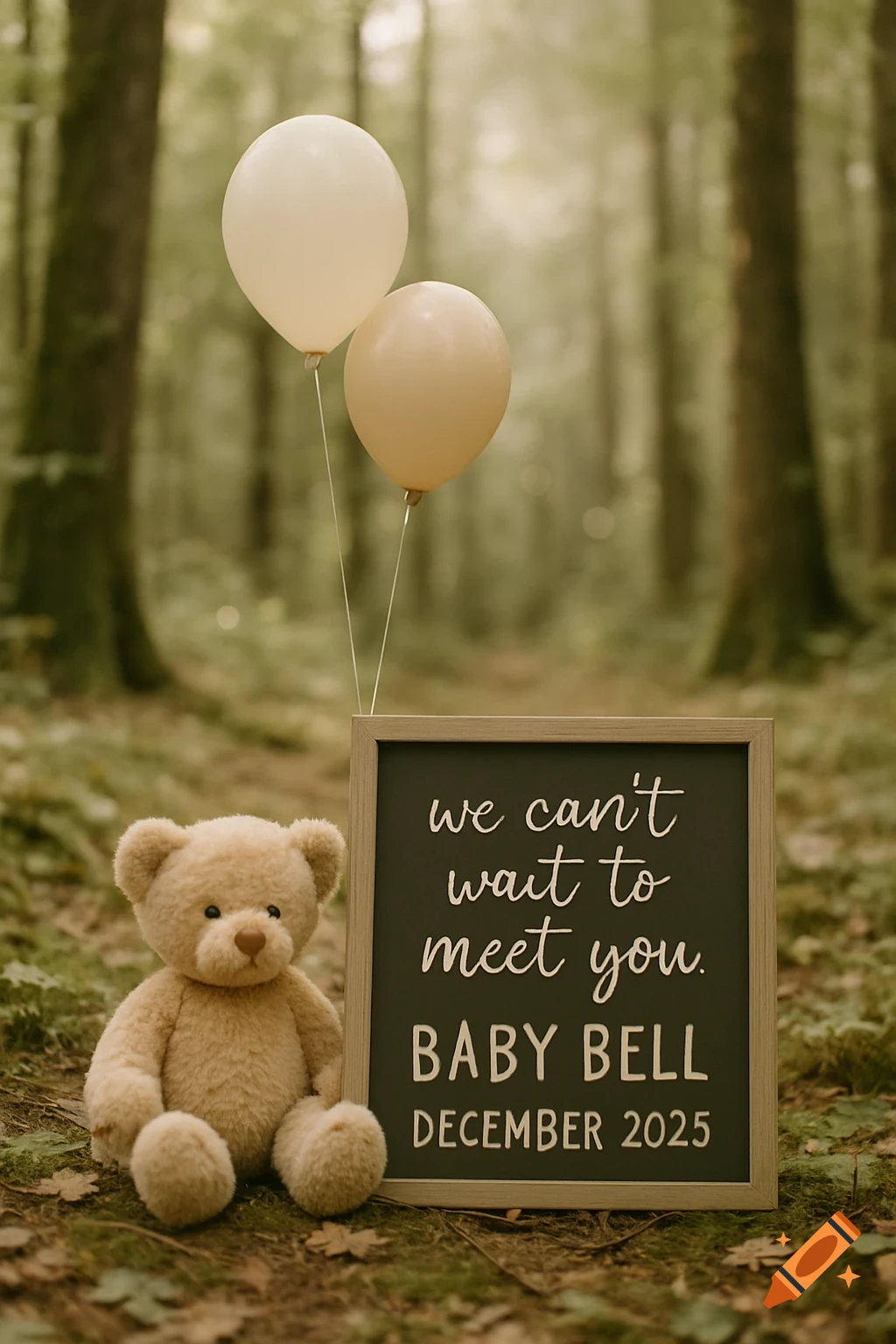 A teddy bear sits next to a chalkboard sign announcing 'Baby Bell December 2025' in a forest.