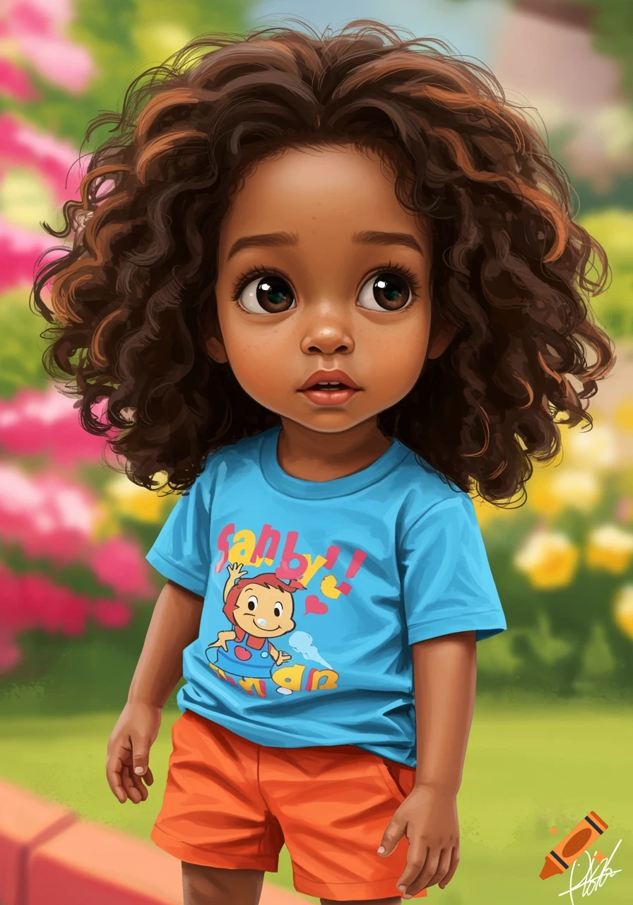 Cartoon illustration of a young girl with curly hair, blue t-shirt, and orange shorts, outdoors.