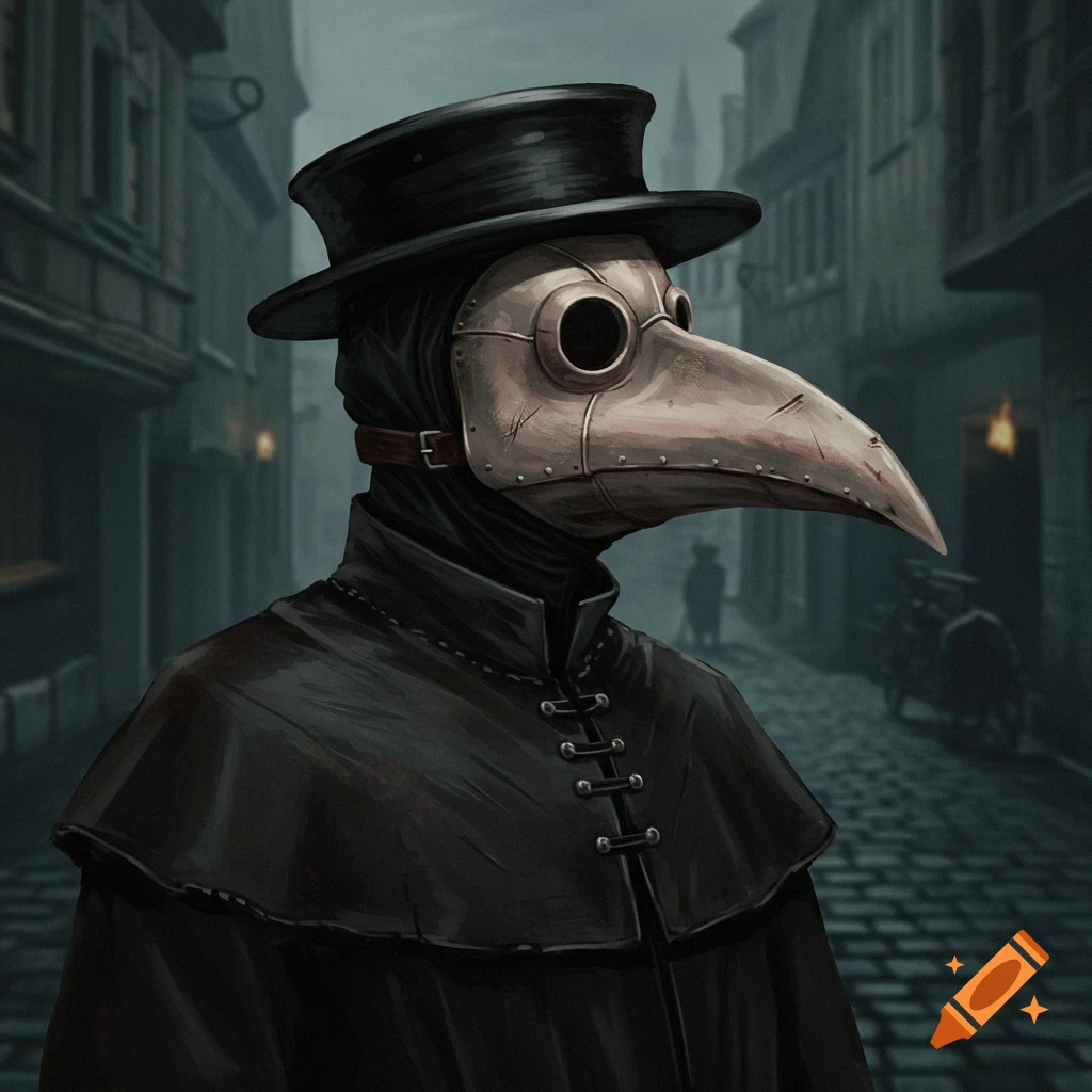 A person in a plague doctor mask and hat stands in a dark, foggy medieval street.