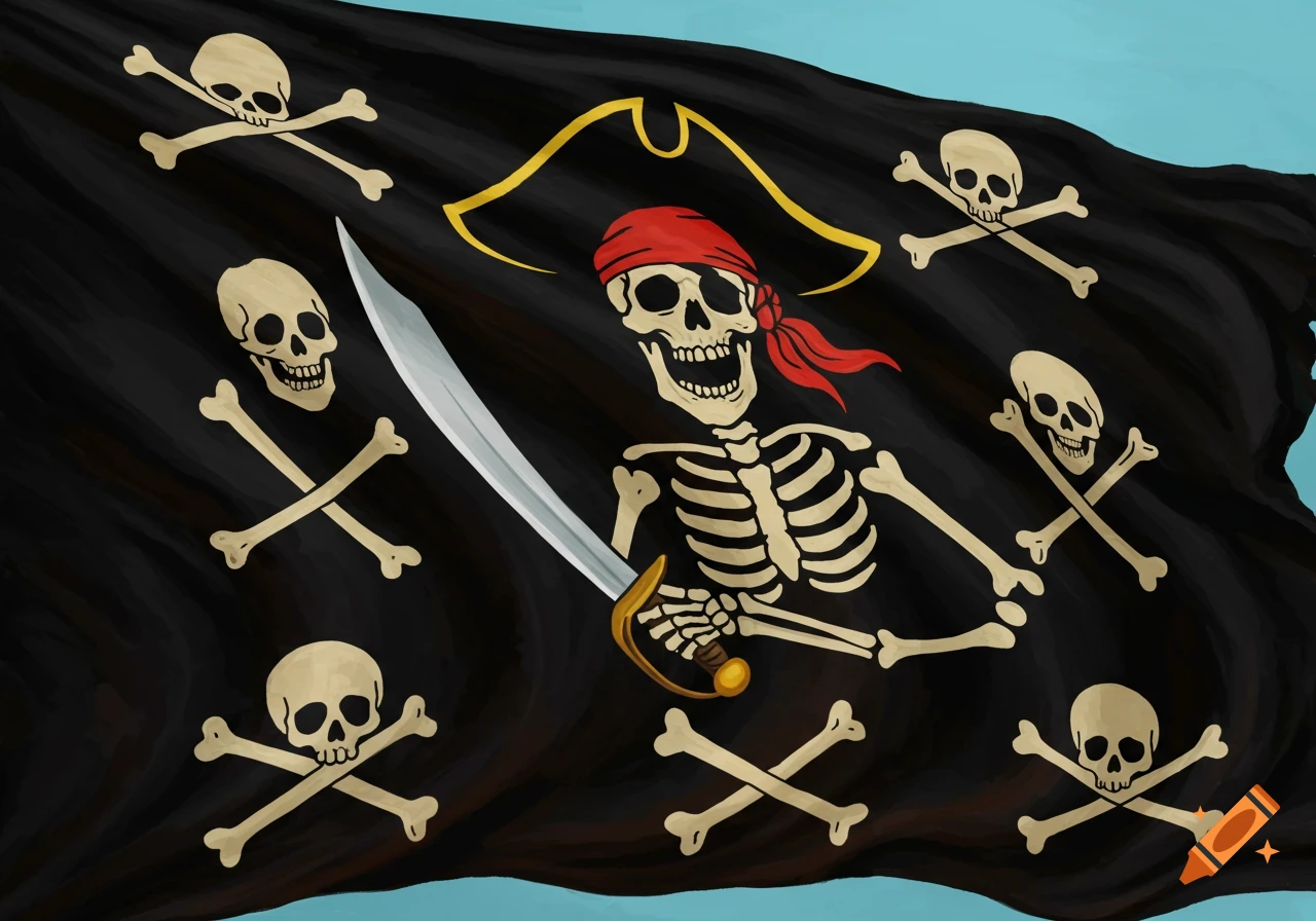 Black pirate flag with a skeleton holding a sword and skull and crossbones symbols