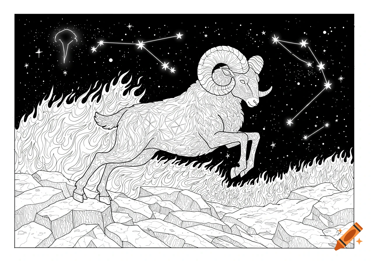 Line art drawing of a ram leaping over rocks and flames under a starry sky with a constellation.