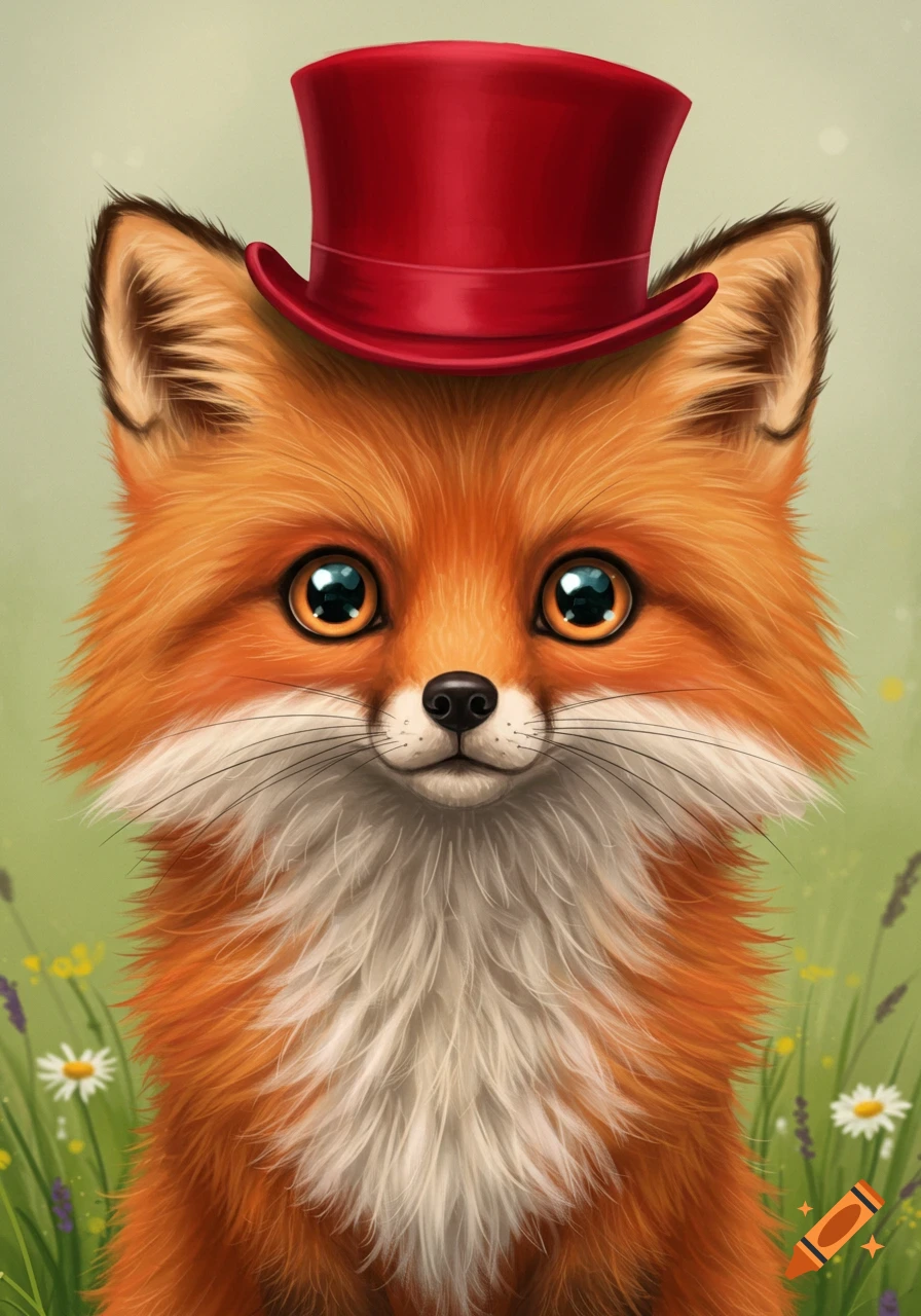 A close-up digital painting of a cute fox wearing a red top hat in a field of grass and flowers.
