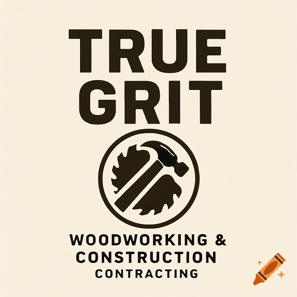 A logo for "True Grit" woodworking and construction contracting, featuring a circle icon with a hammer and saw blade.