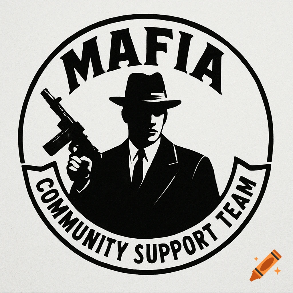 Black and white logo of man in fedora holding machine gun with text MAFIA COMMUNITY SUPPORT TEAM