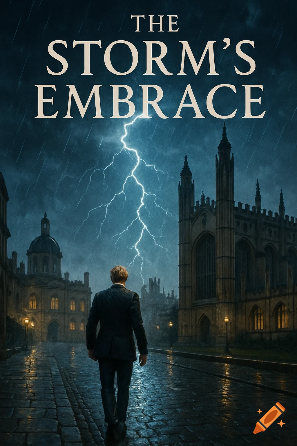 A man in a suit walks down a rainy cobblestone street in a city as ...