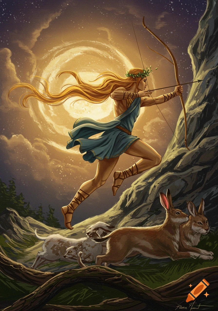 Fantasy illustration of an archer figure hunting hares under a glowing celestial body.