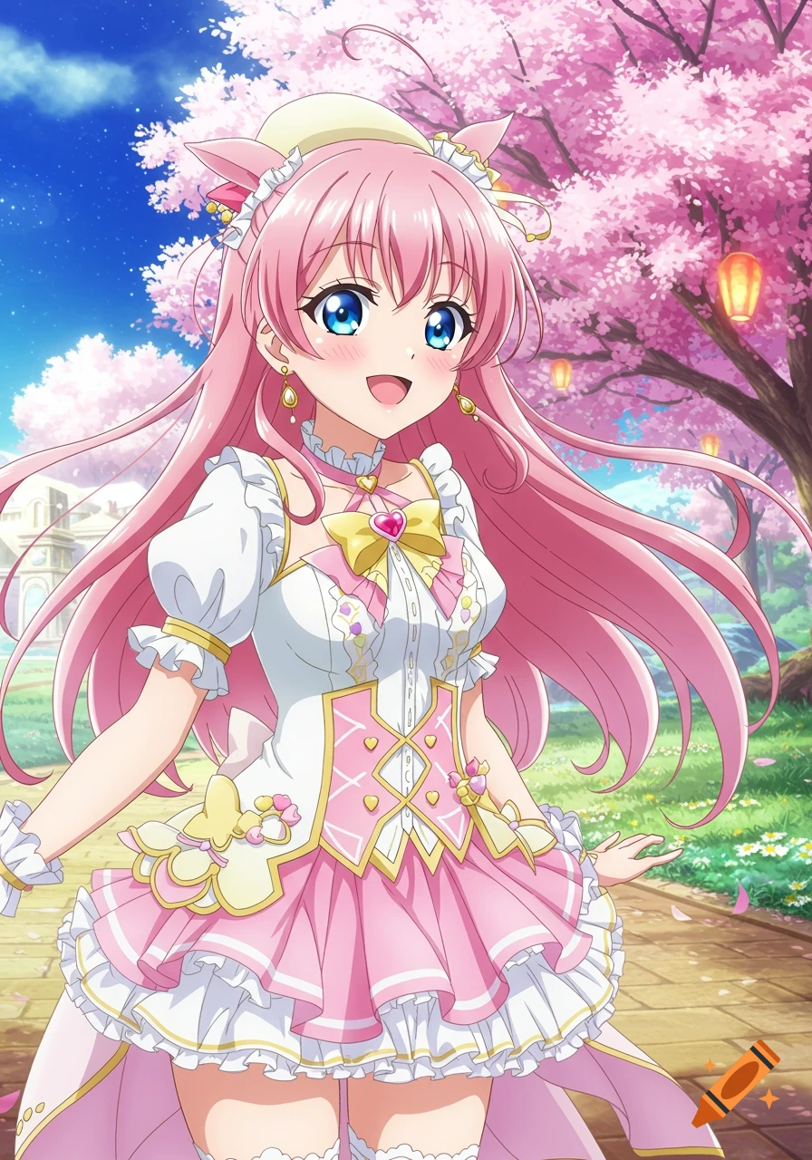 Pink-haired anime girl in pink dress smiles in a cherry blossom park