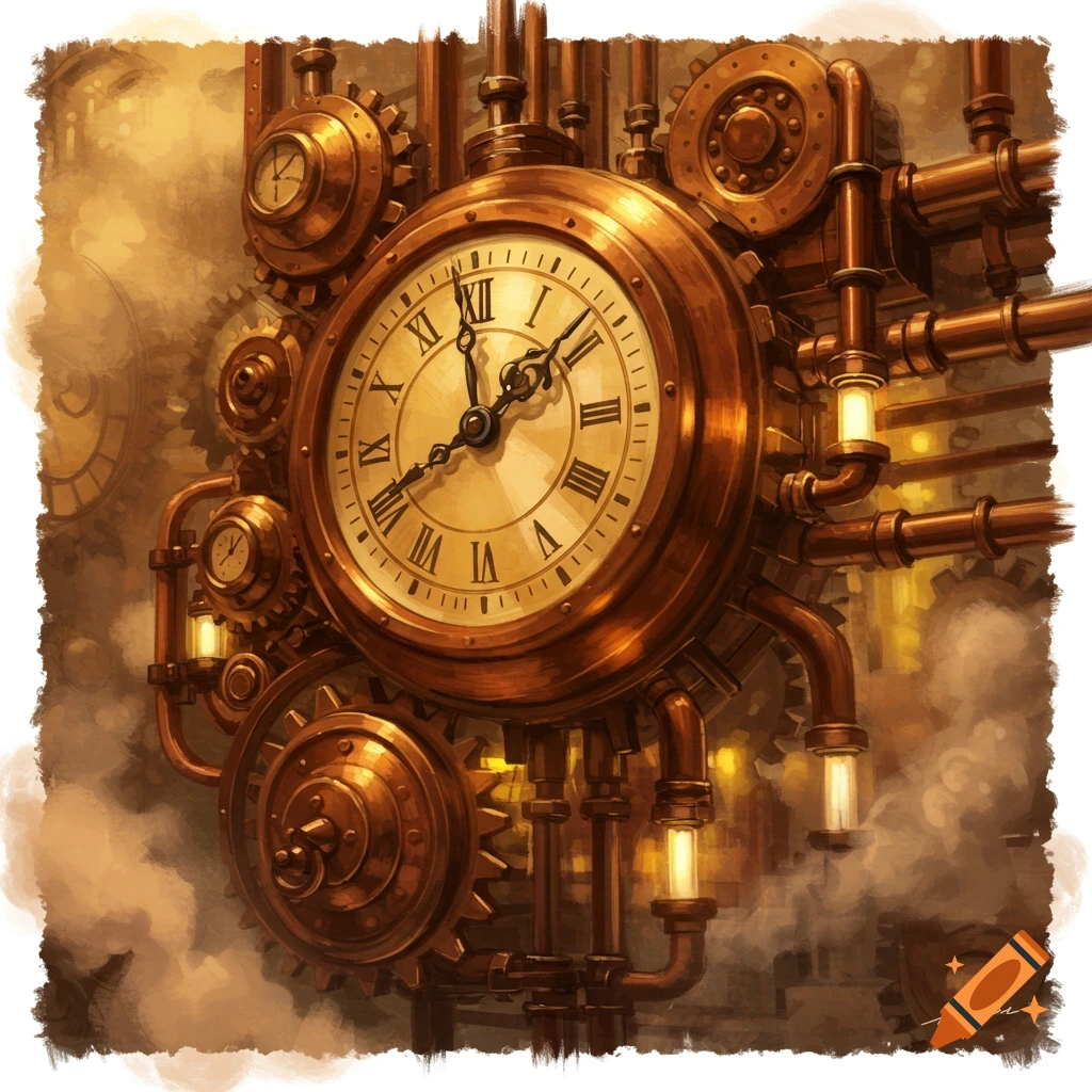 Detailed illustration of a steampunk clock with gears, pipes, and steam.